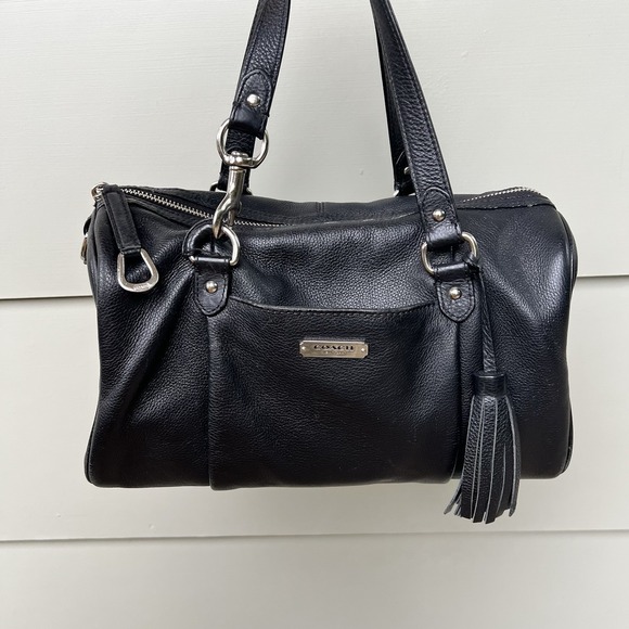 Coach F26121 Avery Pebbled Leather Satchel Black Bag Tassel Tote Purse Emerald - Picture 1 of 15